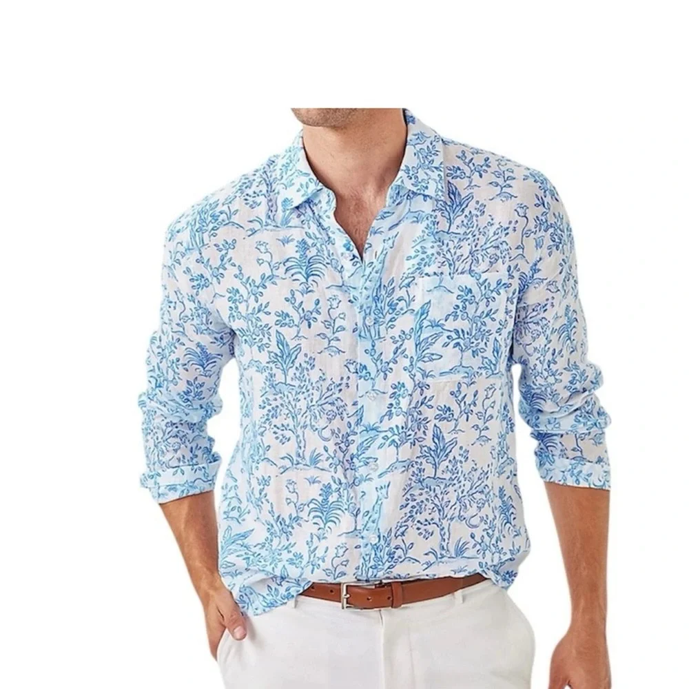 NWT Lilly pulitzer Men’s Addison shirt button down 100% Linen Resort white XL - Picture 2 of 9